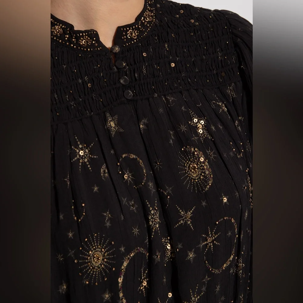 All Saints Black and Gold Smocked A-Line Dress - Picture 12 of 15